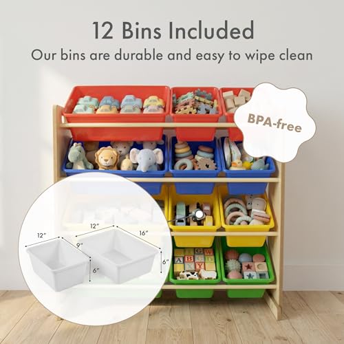 Humble Crew, Natural/Primary Kids' Toy Storage Organizer with 12 Plastic Bins, 34*35*15.5inch