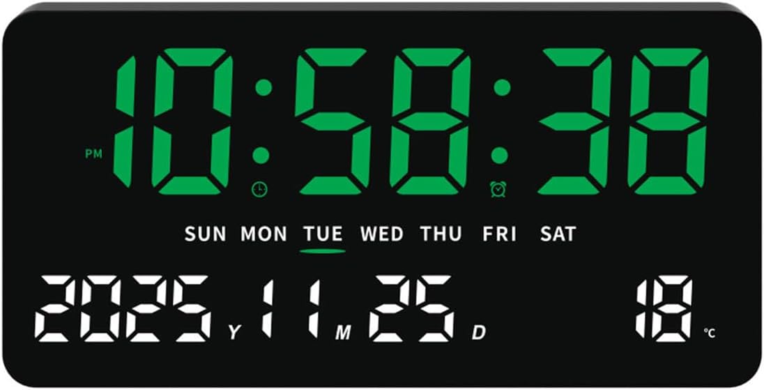Digital Clock Large Display, LED wall Clock 12/24Hr Format, with Date, Temperature, Auto-Brightness, Auto-DST,for Bedroom, Desk, Classroom, Living Room (Green-White)