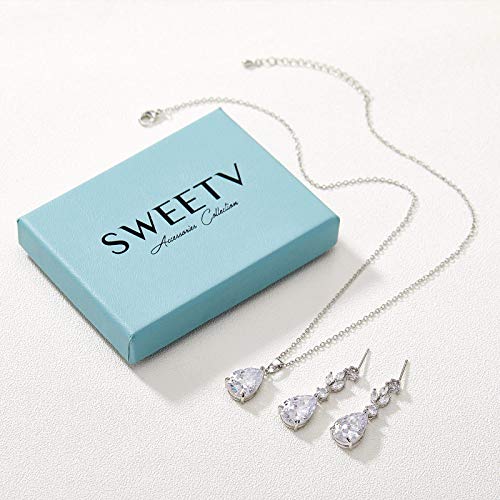 Sweetv Teardrop Wedding Jewelry Sets For Women Brides Bridesmaids, Crystal Bridal Necklace Drop Earrings Set,Prom Costume Bridal Wedding Jewelry, Silver #TOP6