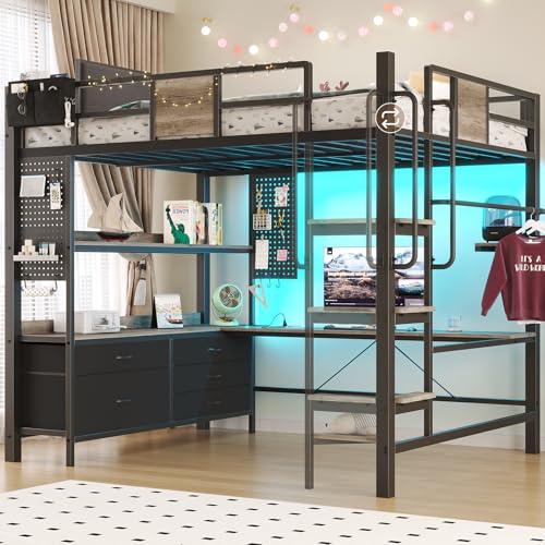 Loft bed with desk, Loft bed Full Size, Bunk Bed with Desk,Full Size loft bed with Desk,LED Lights & Charging Station,5 Drawer&1 Bedside Organizer,Safety Guardrail,Noise Free,No Box Spring Needed,Gray