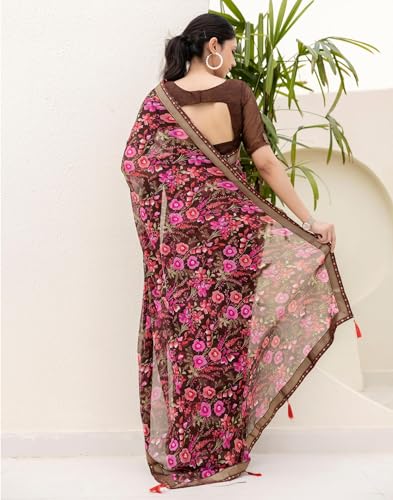 Image of SIRIL Women's Chiffon Printed Saree With Unstitched Blouse Piece