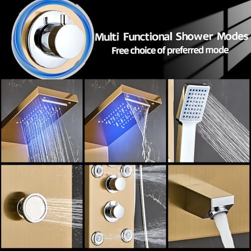 Image of LED 5-in-1 Shower Panel Tower System,Brushed Gold