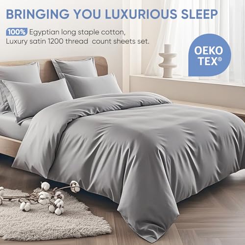 Image of TWK 1200 Thread Count 100% Egyptian Cotton Bedding Set, Premium Thickness, Long-Lasting Durability, Pilling Resistant Design, Deep Pockets Up to 18 inch (Gray, King)