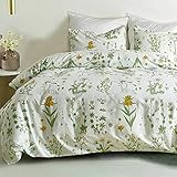 Floral Duvet Cover Queen Size - 3 Piece Botanical Farmhouse Pattern / Flowers and Leaves Printed...