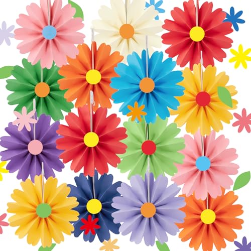 Image of PAPER JAZZ 15pcs Colorful Paper Flower Fiesta Paper Fan Party Decorations, Mini Mexican Hanging Ornaments,Rainbow Paper Daisy with Small Flower for Spring Summer Easter Party