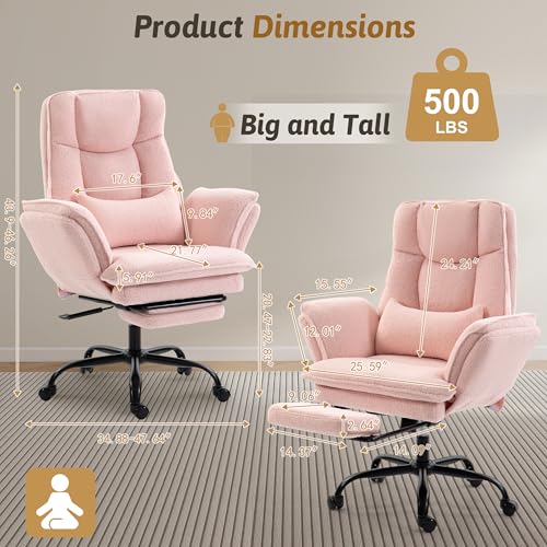 Image of Wider Seat Office Chair with Flip Armrests for Criss Cross Legged&Cats, Big and Tall Executive Ergonomic Reclining Chair with Footrest&Lumbar Pillow, Teddy Fleece Desk Chair, Pink Vanity Chair