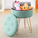 CPINTLTR Footrest Footstools Round Faux Leather Ottoman with Storage Space Soft Vanity Chair with Memory Foam Seat Small Side Table Hallway Step Stool Metal Legs with Adjustable Footings Grayish Green