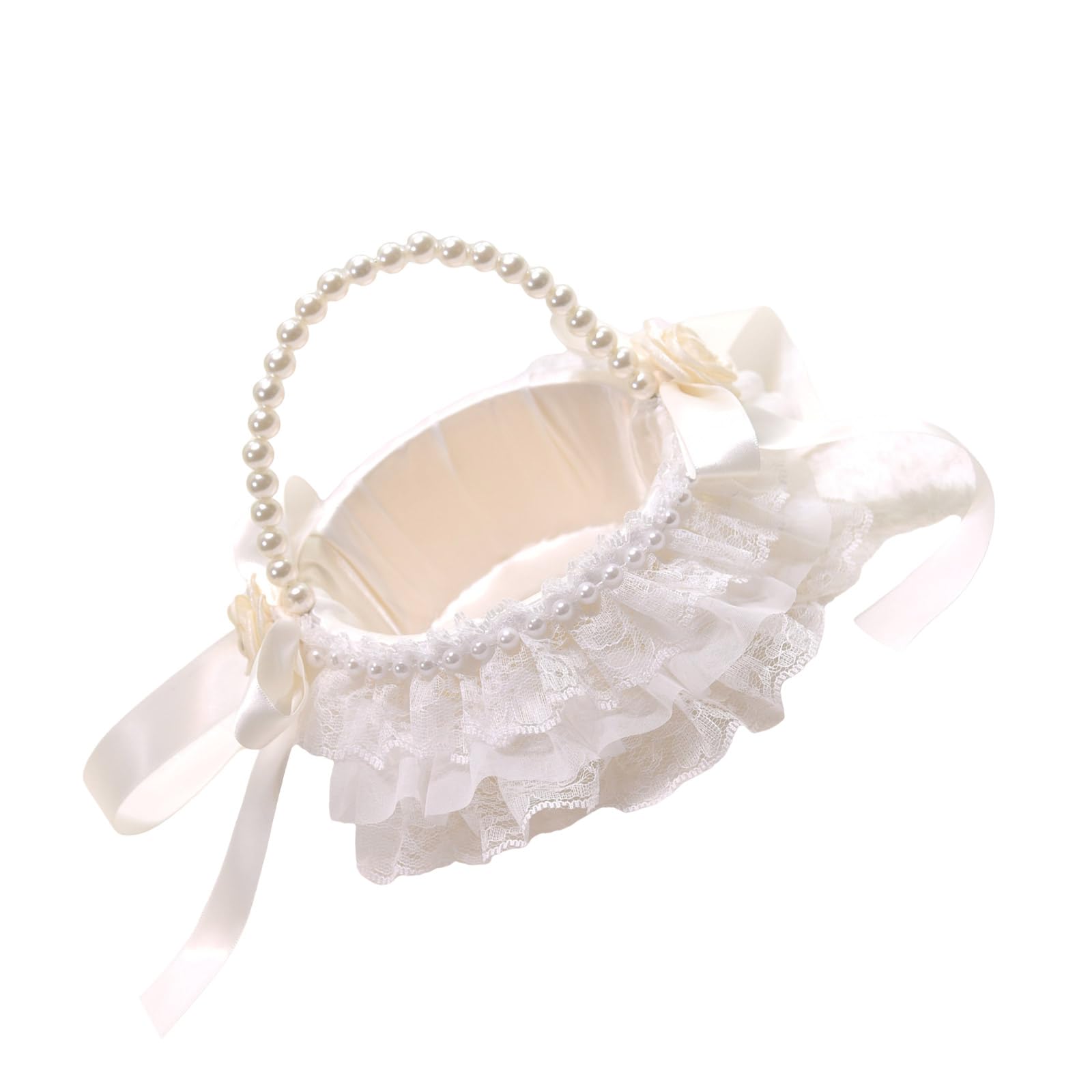 carotoe Basket with Pearls Handle, Lace Ruffle Wedding Flower Basket Fariy Wedding Baskets for Flower Girls Gifts Fariy Baskets