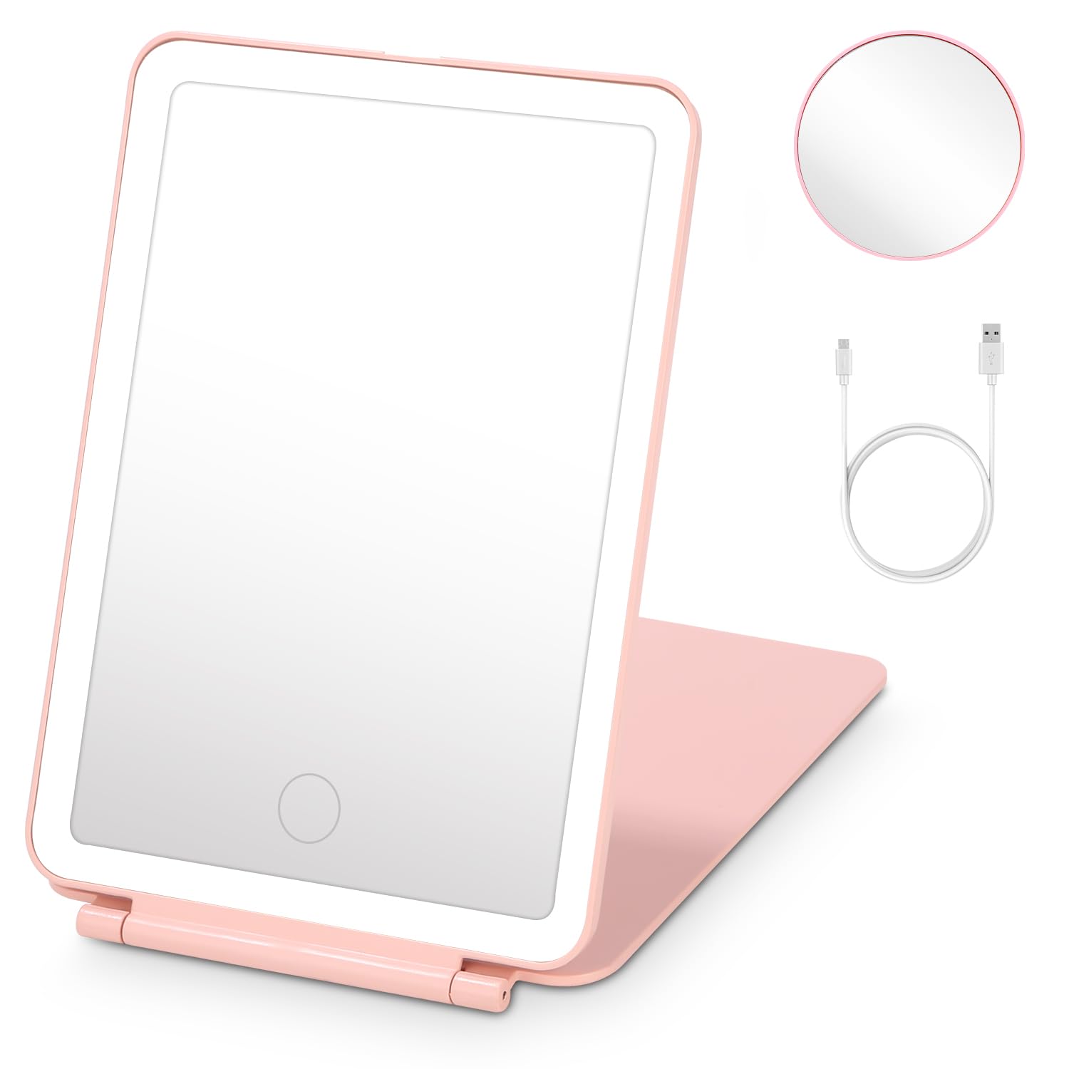 Espejo con Luz,USB Recargable Espejo Maquillaje con Luz, Vanity Mirror,Espejo Aumento 10X,de Tocador Viaje Portátil Luz Ajustable,Iluminación 3 Colores,Pantalla Táctil, Espejo Cosmético Mesa, Rose