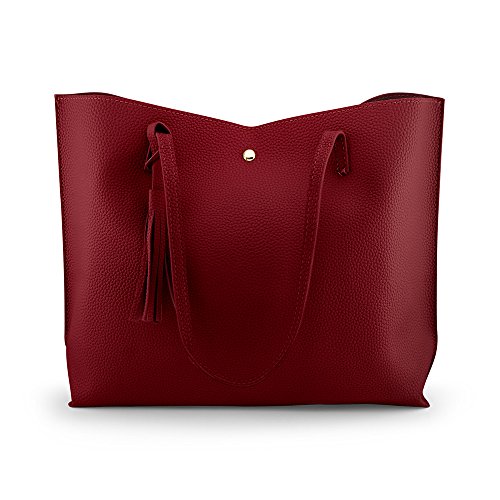 OCT17 Women Tote Bag - Tassels Faux Leather Shoulder Handbags, Fashion Ladies Purses Satchel Messenger Bags (Red) - Thumbnail 3