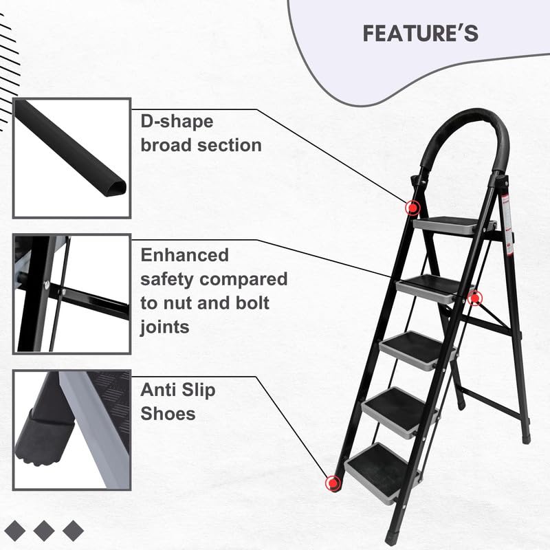 Image of TNT The Next Trend 5 Step Steel Step-Ladder for Home | Heavy Duty Foldable Ladder with Wide Ant-Slip Steps and Anti-Skid Shoes - Black