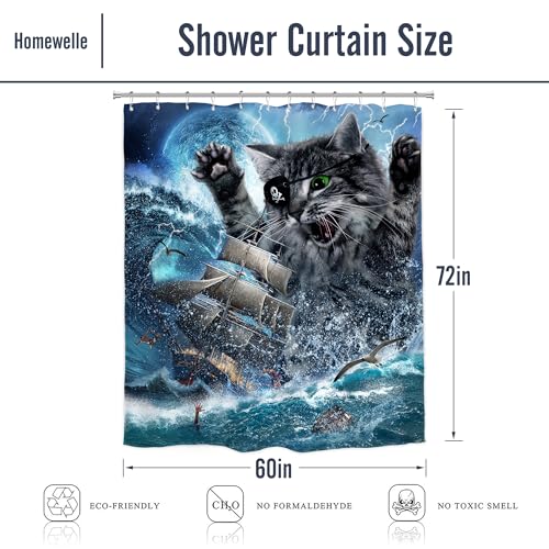 Image of Funny Cat Pirate Ship Shower Curtain Ocean Nautical 60Wx72H Inch Decor