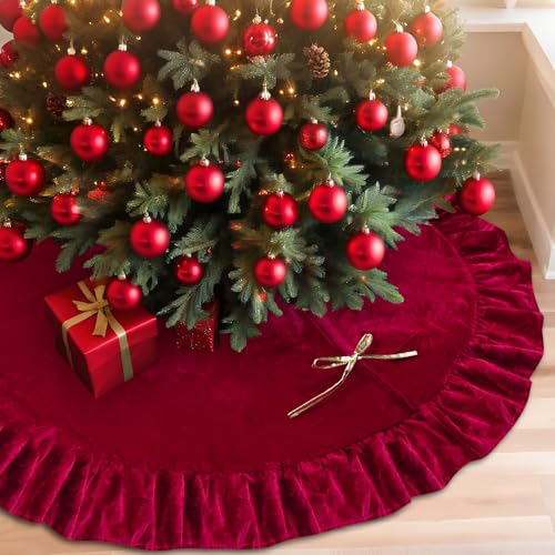 QIJISTORM 48 Inches Velvet Christmas Tree Skirt Decorations Red Wine Luxury Xmas Fur Plush Skirts for Merry Christmas Party Rustic Vintage Holiday Home Winter
