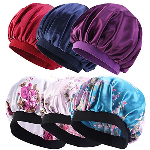 JSY 6Pack Wide Band Satin Sleep Cap Large Satin Soft and Comfortable Bonnet for Natural Hair,Curly Springy Hairï¼ˆprint + solid colorï¼‰