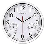 Vigorwise 8 Inch White Wall Clock, Sweep Silent Movement Accurate Clocks with Temperature & Humidity, Decorative for Kitchen/Living Room/Bedroom/Office/School/Classroom