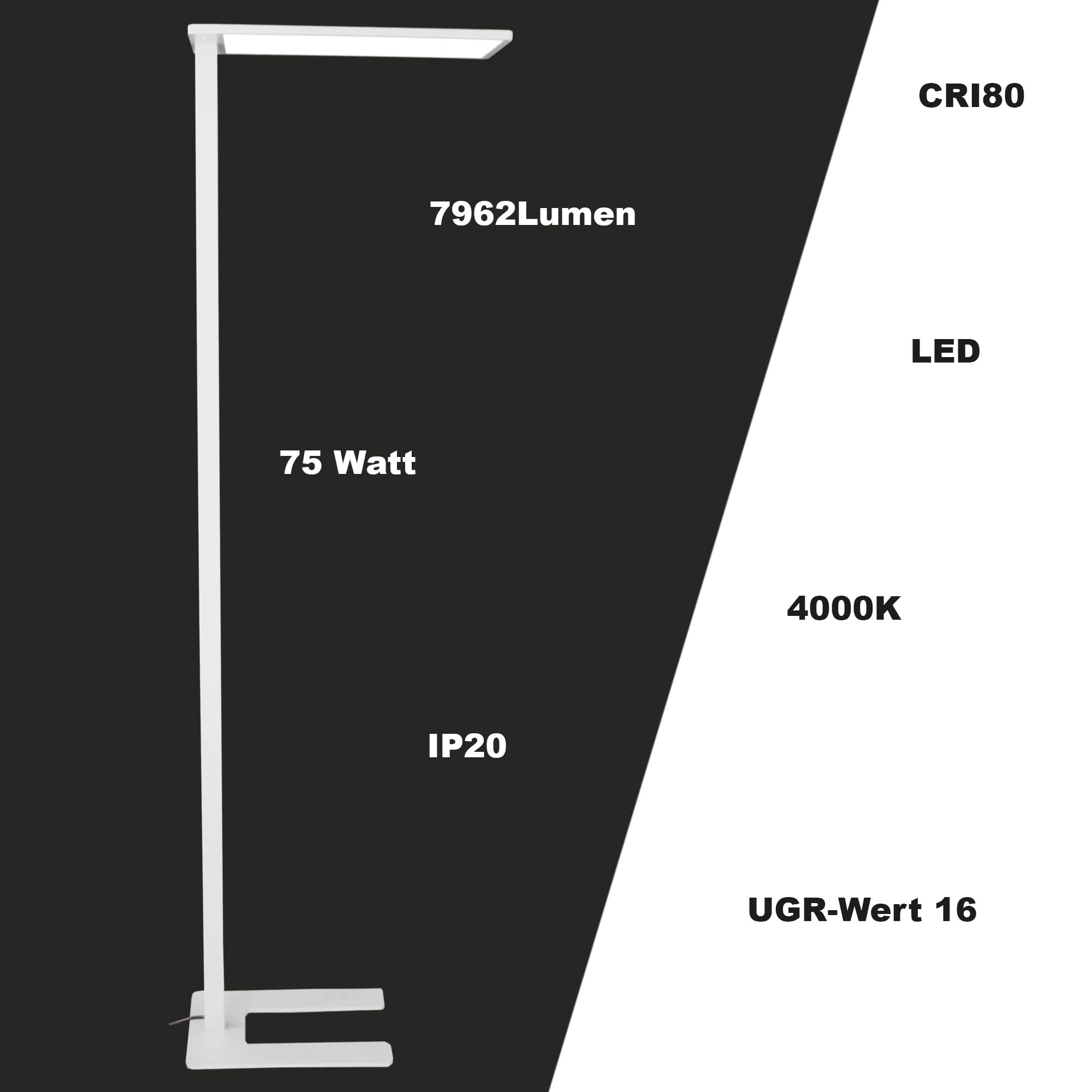 LED Stehlampe Grau 190cm 75W 7962lm 4000K | Mikroprismatische Abdeckung, Neutralweiß, Dimmbar, Direkte und indirekte Beleuchtung