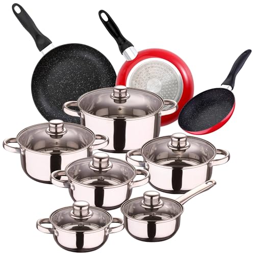 Bateria de cocina 12 piezas Cassel acero inoxidable + 3 sartenes 16/20/24cm en aluminio prensado