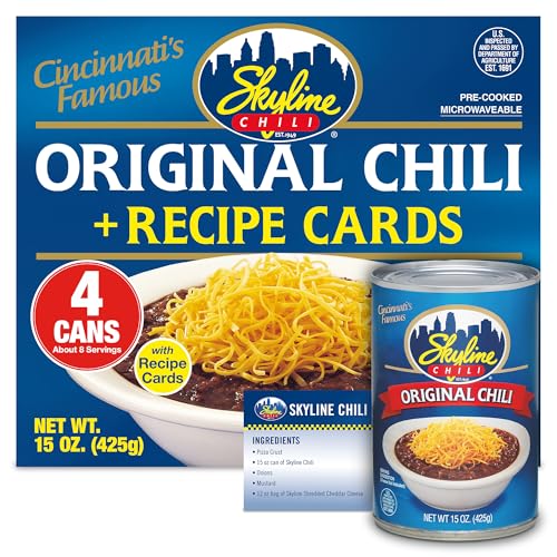 Skyline Chili Canned Chili 15 oz Cans (4-Pack) – Authentic Cincinnati Chili, Ground Beef, No Beans, Chili Dog Sauce, Hot Dog Chili – Includes Recipe Card for Chili Dip, Tater Tots & Pizza, and More