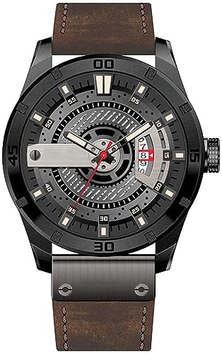 FANMIS Mens Leather Strap Watches Sandwich Dial Black Plated Stainless Steel Classic Casual Dress Waterproof Date Analog Quartz Watch (Black)