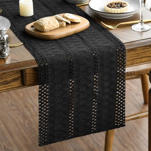 Artoid Mode Black Farmhouse Woven Rustic Hollow Table Runner, Seasonal