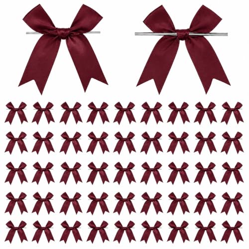 50 Pcs Twist Tie Bows for Treat Bags and Gift Wrapping, Burgundy