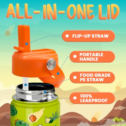 Image of SANDJEST Dinosaur Water Bottle - Water Bottle with Straw Lid for Kids - 12 Oz Insulated Stainless Steel T-Rex Bottles for Kid Boys - Travel Cup for School Sports