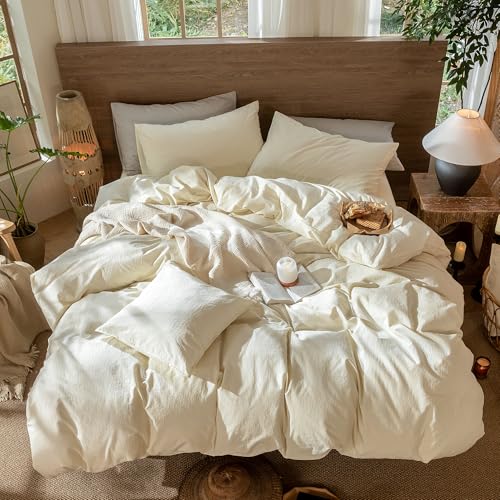 Image of MooMee Wavy Striped Duvet Cover Set 100% Washed Cotton Linen Like Textured Breathable Durable Soft Comfy (Cream White, Full 80 inchx90 inch)