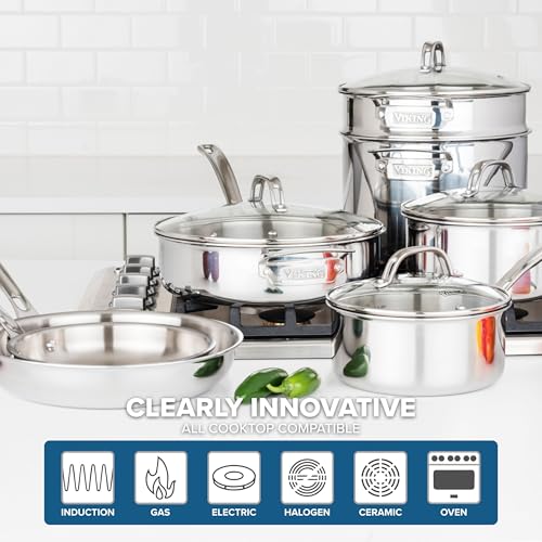 Image of Viking Artisan 3-Ply Stainless Steel 11-Piece Cookware Set with Vented Glass Lids, Fry Pans, Saucepans, Saute Pan, Stock Pot with Strainer Insert, Oven Safe up to 600F