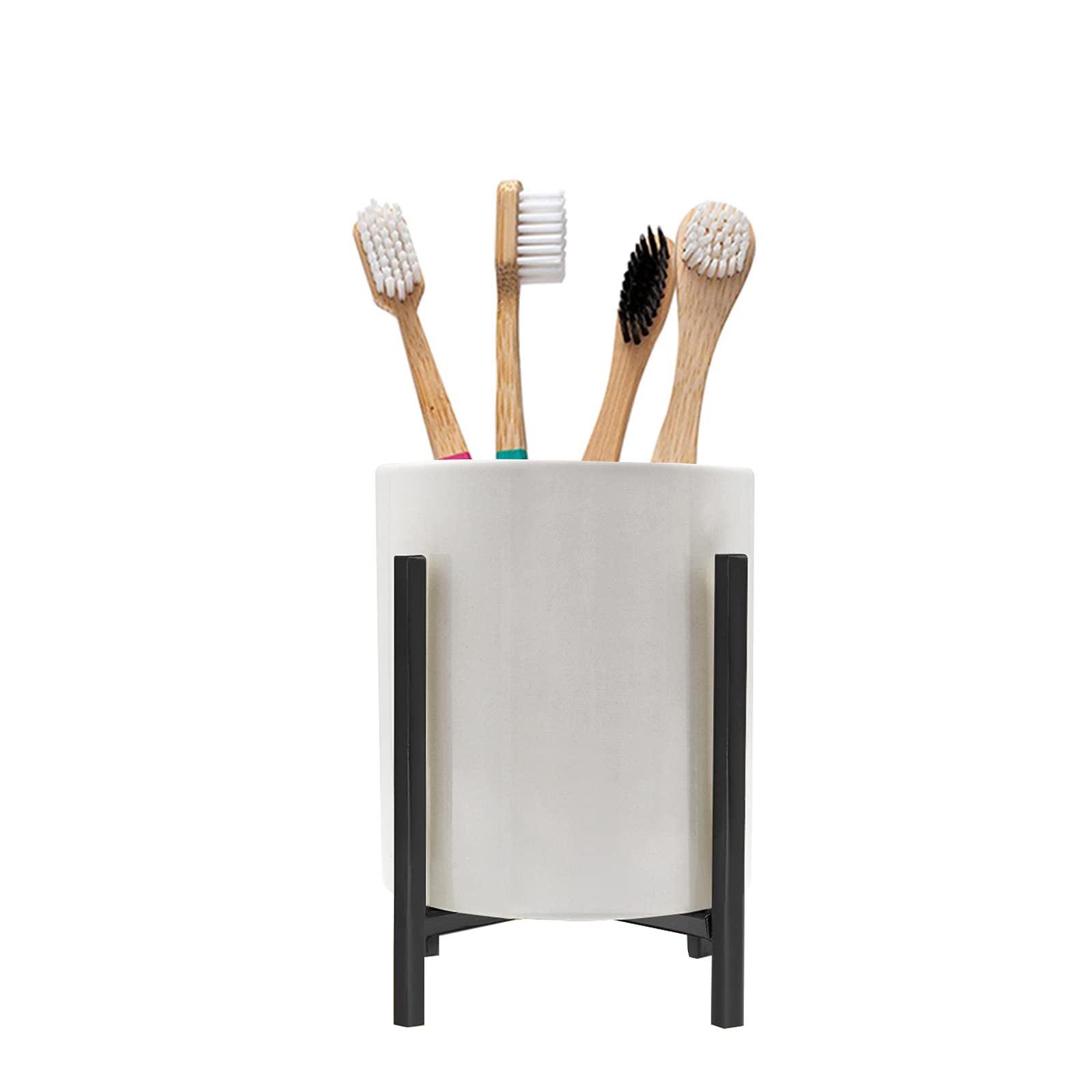 Black Pencil Cup Sturdy Metal Frame with White Ceramic Pen Holder For Desks and Kitchen Appliance holders