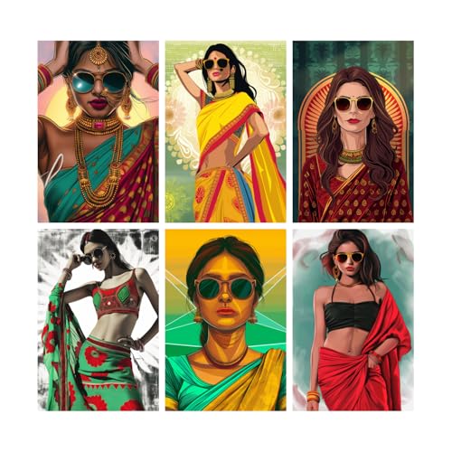 Image of SiddArtify Stylish Women in Sarees Art Print Set - 300GSM Board - 8x12 Inch - Pack of 6 Wall Room Decoration art Poster Prints