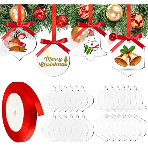 24 Piezas Adornos Navideños de Acrílico Transparente con Cinta Roja Cover