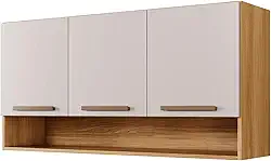 Armário Aéreo Suspenso Multiuso de Parede 3 Portas Plus (Off White/Cinamomo)