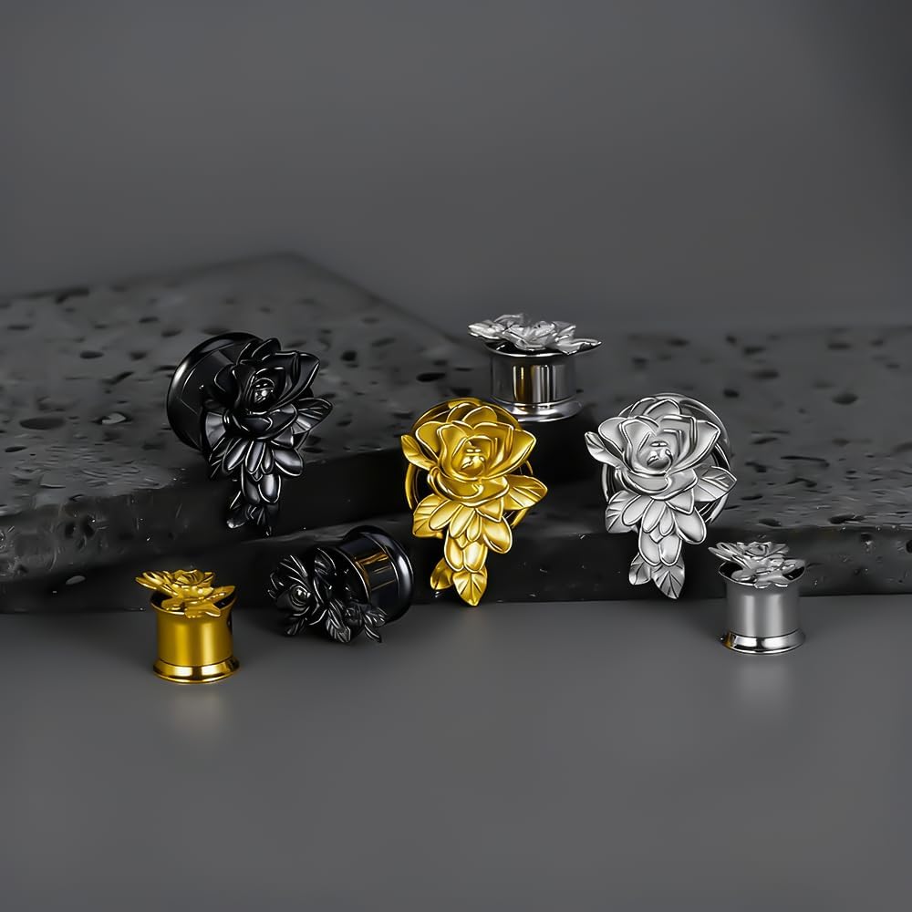 2PCS Flower Ear Gauges Stainless Steel Screw Back 0g 00g Ear Plugs Tunnels for Stretched Ears Hypoallergenic Ear Expander Body Jewelry for Women & Men(8mm-16mm)