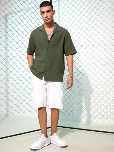 Image of Highlander Men's Oversized Shirts | Self Design | Half Sleeves | Cuban Collar | Casual Shirts | Stylish Shirt