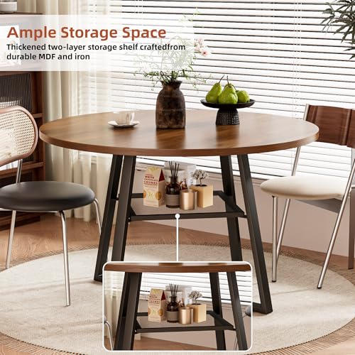 Image of 47 Inch Round Dining Table for 4-6, Space Saving Circle Kitchen Table with Storage, Mid Century Modern Dinner Table with Metal Legs, Wooden Farmhouse Dining Room Table for Living Room, Walnut