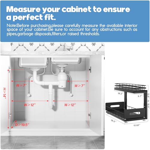 Image of Under Sink Organizer Upgrade To Professional Rails,2-Tier Dual Pull Out Cabinet Storage,Height Adjustable Slide Out Drawers For Bathroom Kitchen,2 Pack-18.5 inchDx12.8 inch-16.9 inchH,Black