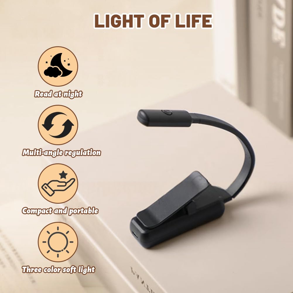 Lampka do czytania LED, lampka do czytania z 3 diodami chroniącymi oczy, elastyczna 360° lampa z klipsem na książkę (czarna)