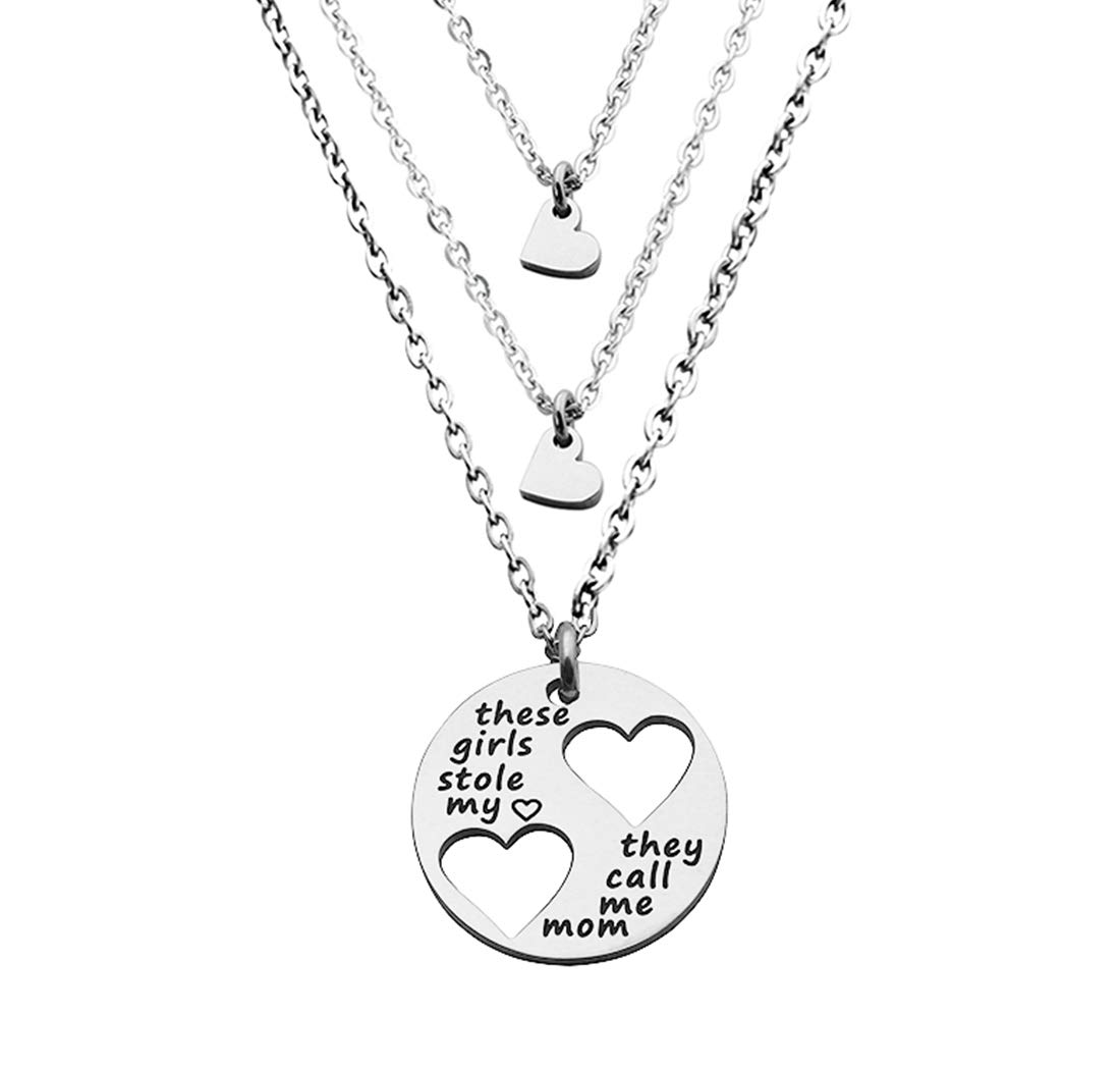BeeshionMother Daughter Necklace Set Charm Disc Necklace with Cutout Heart Necklaces Mother and Two Daughters Jewelry Set of 3
