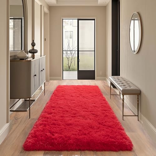 Soft Fluffy Rugs for Bedroom, 2x6 Feet, Red Runner Faux Fur Area Rug - Plush Non-Slip Shag Shaggy Carpet for Bedroom, Kids Boys Girls Dorm Nursery Room