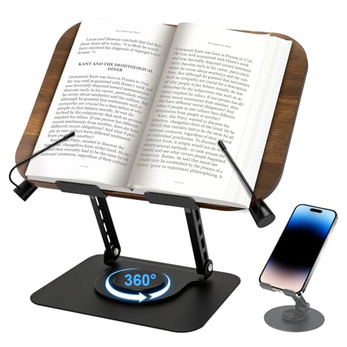 Diesisa Leggio per Libri in Legno: Supporto Libri per Lettura con Base Girevole a 360° - Ripiano per ricette regolabile con clip per libri - per cucina, scuola, ufficio, tutti i libri, tablet