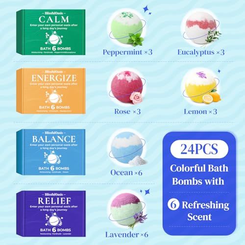 BlissfulOasis Conjunto de bombas de banho, 24 peças de bombas de chuveiro com 6 aromas refrescantes,