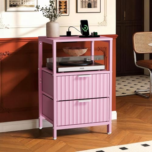 Image of Bonnlo Fluted Nightstand, Fabric Dresser with 2 Drawers and 1 Shelf, Bedside Table /End Table with Charging Station, Nightstand for Bedroom, Livingroom, College Dorm, Pink