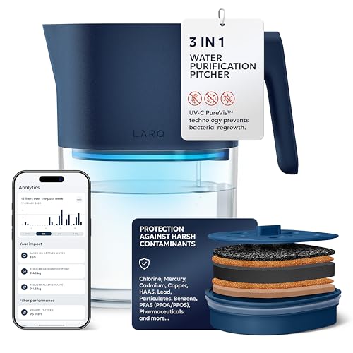 LARQ PureVis 3-in-1 Water Pitcher – Purifier, Filter & Tracking, 8-Cup Water Purifier Pitcher with Advanced Filter for Clean & Crisp Water – Removes Chlorine, PFAS, Lead & More – Monaco Blue