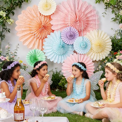 Image of Paper Jazz 9pcs Spring Pastel Paper Fans Party Decoration,Paper Flowers Wall Decoration, Rainbow Birthday Party Decorations Tissue Pom Poms for Birthday Wedding Baby Shower Classroom.
