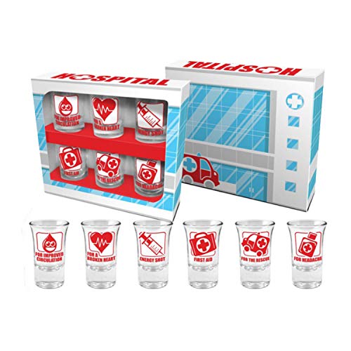 Set of 6 Hospital Shot Glasses with Various Fun Icons and Phrases