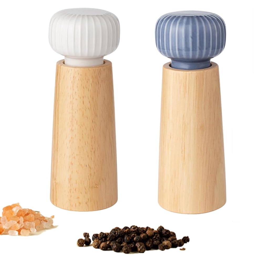 CTRLZS 2Pcs Wooden Salt and Pepper Grinder with Ceramic Lid Set, Adjustable Coarse Mills,Refillable Salt and Pepper(Blue+White)