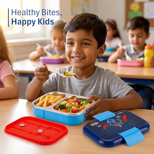 Image of Nayasa Marco Super Man Print 2 Compartment Stainless Steel Insulated Lunch Box for Kids | Vacuum Sealed Leak Proof Tiffin Box | 650 ml | Blue & Dark Blue
