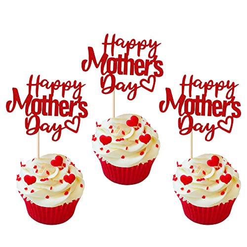 24 Pack Happy Mother's Day Cupcake Toppers with Glitter Hollow Heart Love Mother Best Mom Cupcake Food Picks Women Birthday Happy Mother's Day Theme Party Cake Decorations Supplies Red