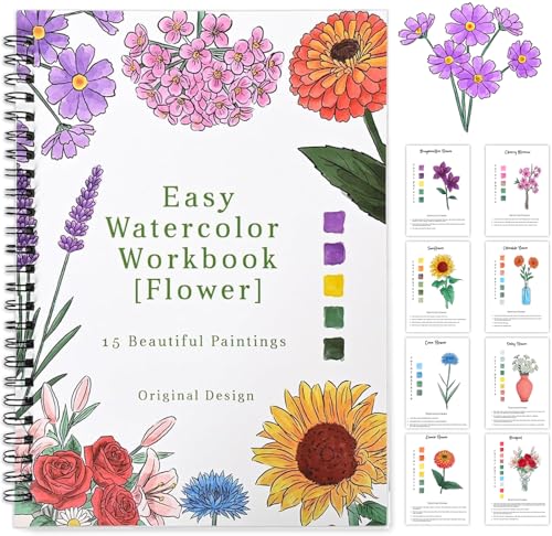 Watercolor Workbook,15 Flower Patterns of Original DIY Designs,Beginner-Friendly Water Color