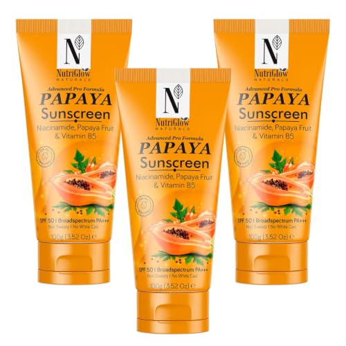 Image of NutriGlow Naturals Papaya Sunscreen SPF 50 PA+++ | No White Cast, Non-Greasy | Broad Spectrum UVA /UVB & Blue Light Protection | With Niacinamide & Vitamin B5 | For Men & Women | All Skin Types | 100g (Pack of 3)